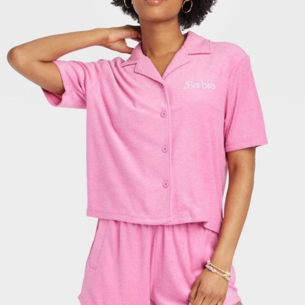 New Barbie Pink Terry Cloth Short Sleeve Button Front Graphic Top | Size Large